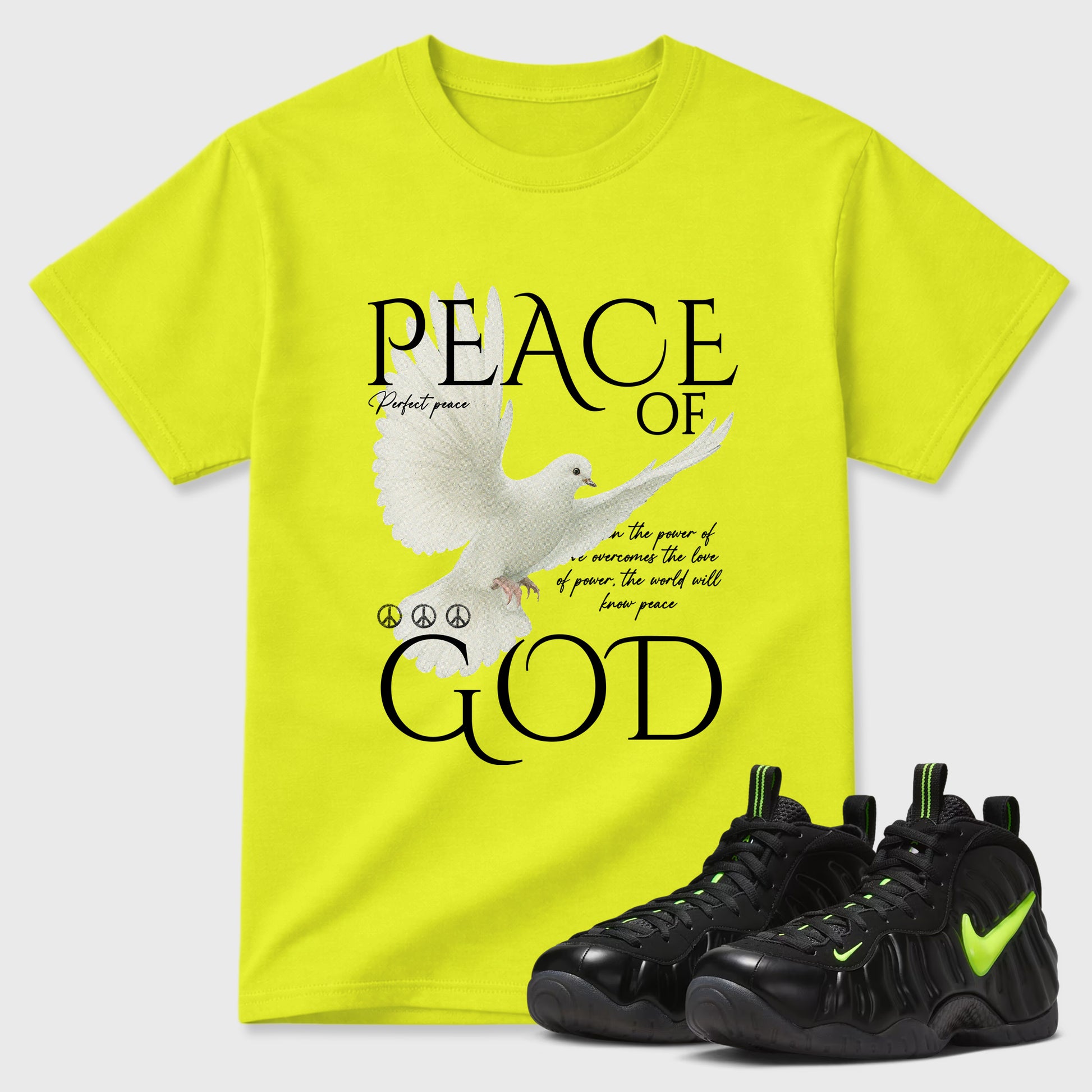Sneaker match tees – Sneaker Tees To Match Air Foamposite Pro Black Shoes – Peace of God Tee Safety Green 1