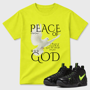 Sneaker match tees – Sneaker Tees To Match Air Foamposite Pro Black Shoes – Peace of God Tee Safety Green 1