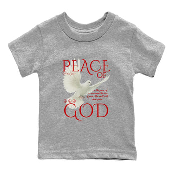 Peace of God baby and kids t-shirt crafted for little sneakerheads to shine with the Air Force 1 University Red sneakers, displayed in Heather Grey 2.