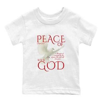Peace of God baby and kids t-shirt crafted for little sneakerheads to shine with the Air Force 1 University Red sneakers, displayed in White 2.