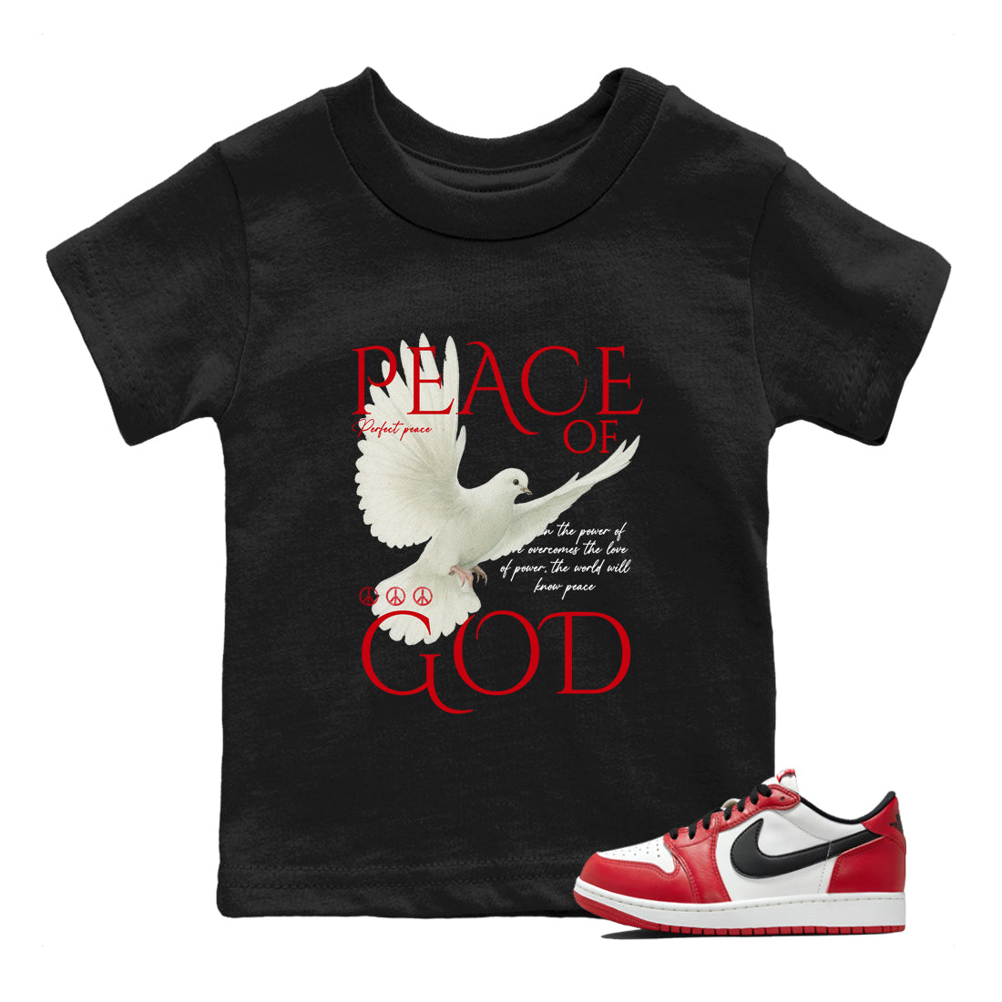 Best Sneakerfit graphic tee – Sneaker Tees To Match Air Jordan 1 Low Chicago Sneakers – Peace of God Kids T-Shirt Black 1