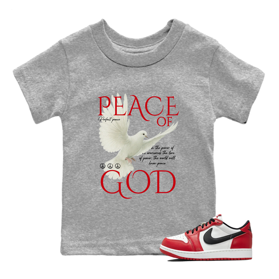 Best Sneakerfit graphic tee – Sneaker Tees To Match Air Jordan 1 Low Chicago Sneakers – Peace of God Kids T-Shirt Heather Grey 1