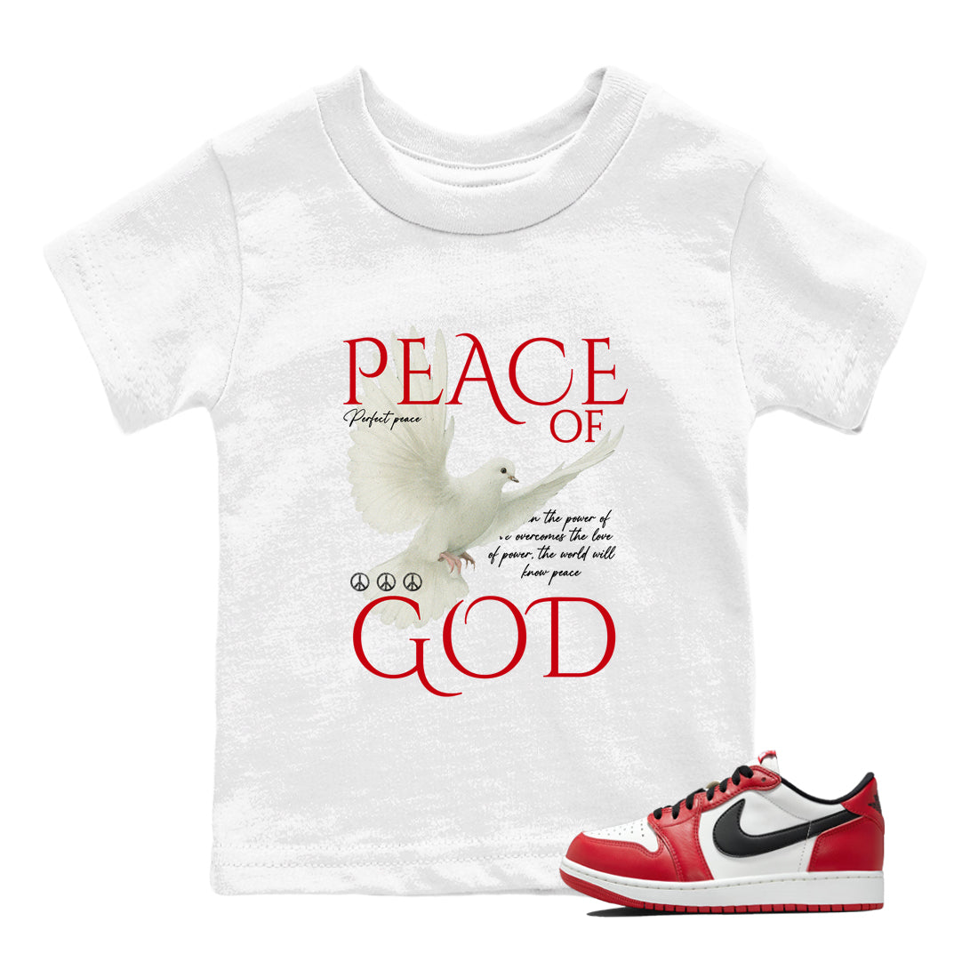 Best Sneakerfit graphic tee – Sneaker Tees To Match Air Jordan 1 Low Chicago Sneakers – Peace of God Kids T-Shirt White 1