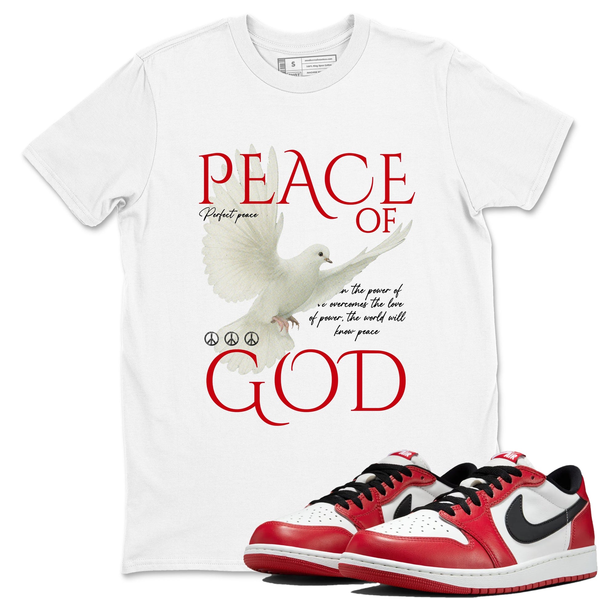 Best Sneakerfit graphic tee – Sneaker Tees To Match Air Jordan 1 Low Chicago Sneakers – Peace of God Tee White 1