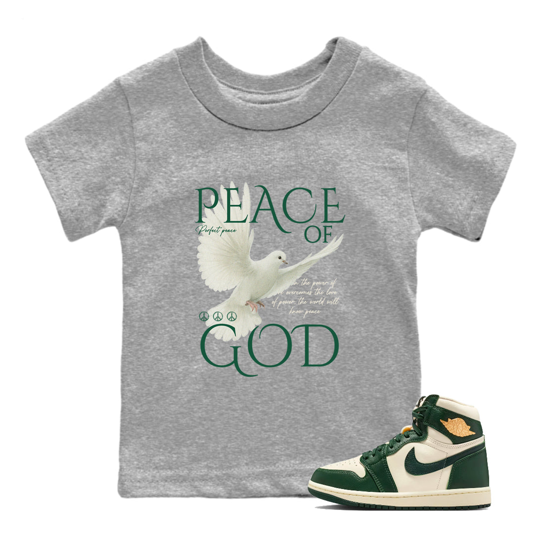 Sneaker Threads – Sneaker Tees To Match Air Jordan 1 Pro Green – Peace of God Youth Graphic Tee Heather Grey 1. Perfect for Jordan releases 2025 colorways.