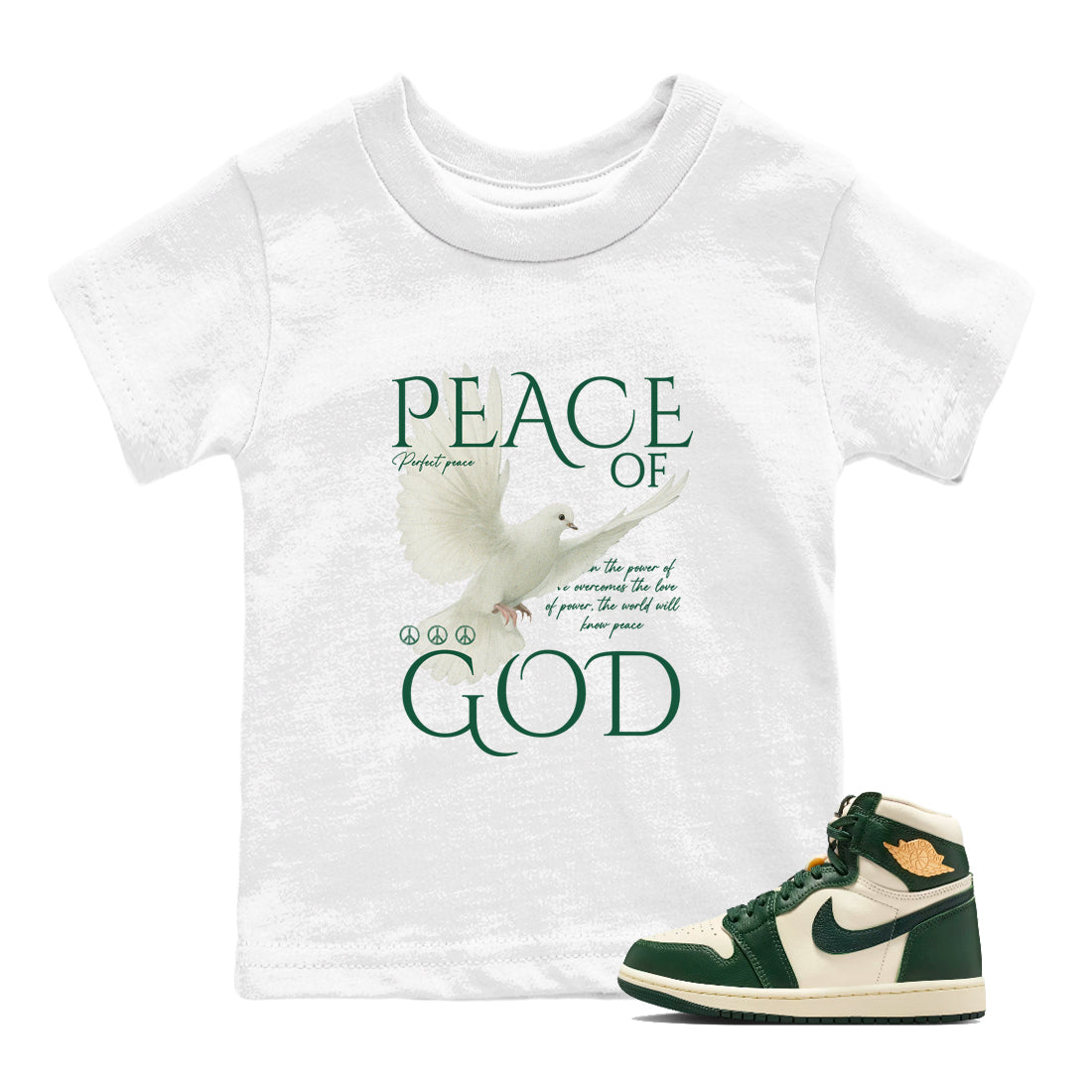 Sneaker Threads – Sneaker Tees To Match Air Jordan 1 Pro Green – Peace of God Youth Graphic Tee White 1. Perfect for Jordan releases 2025 colorways.