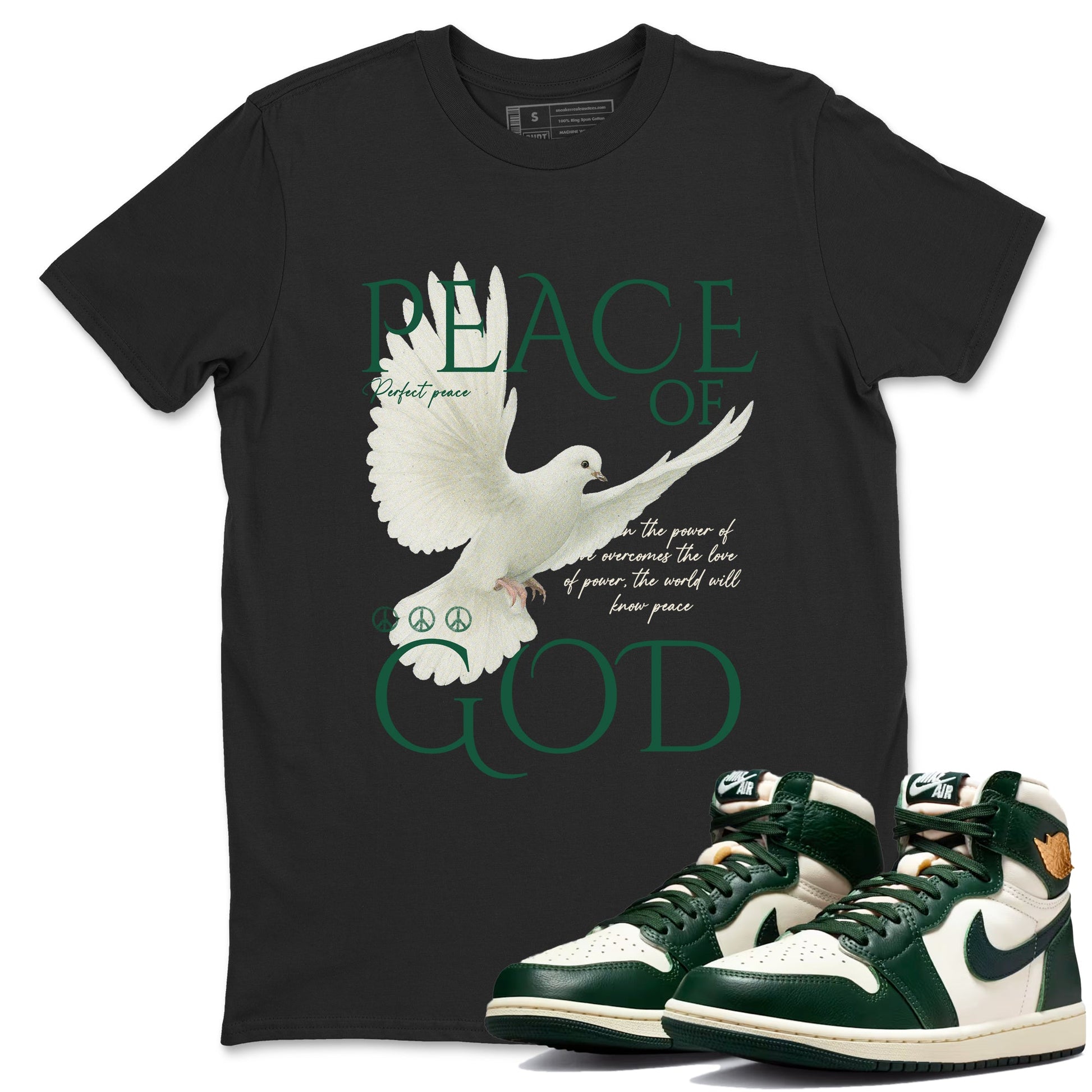 Sneaker Threads – Sneaker Tees To Match Air Jordan 1 Pro Green – Peace of God Graphic Tee Black 1. Perfect for Jordan releases 2025 colorways.