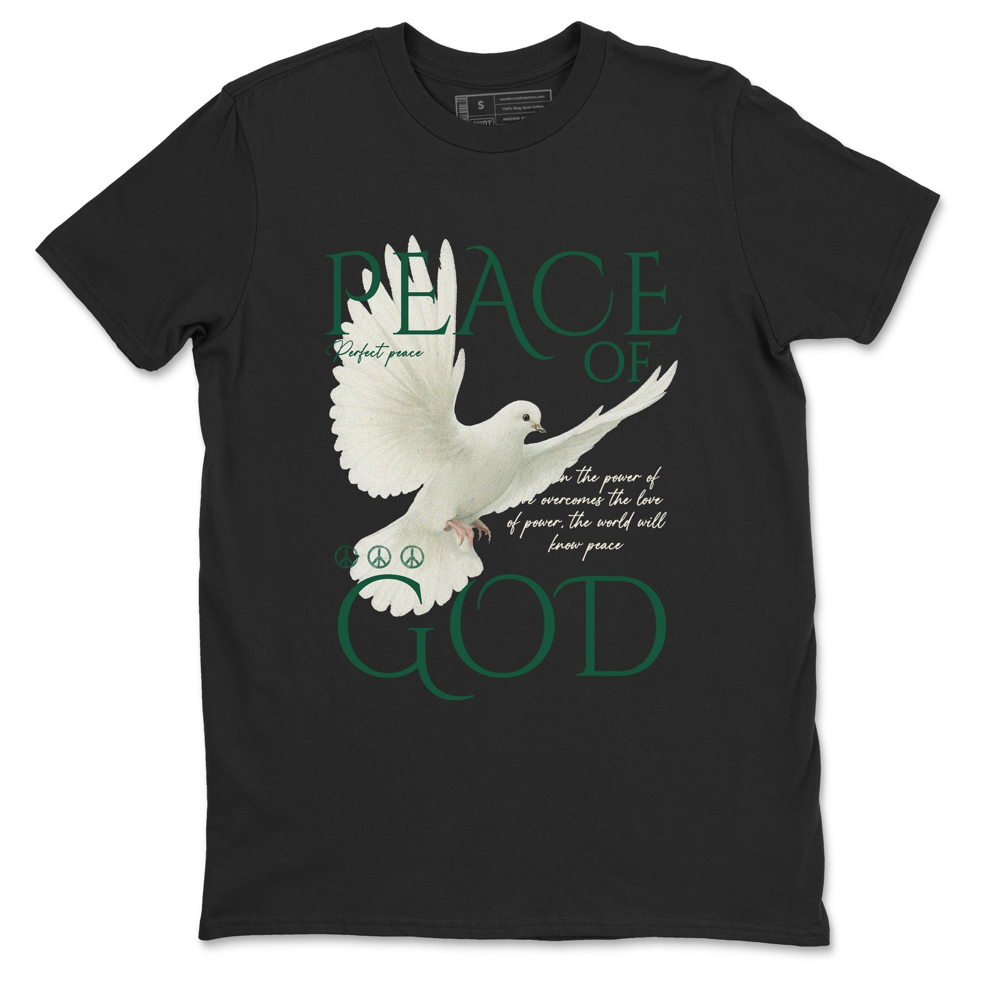 Sneaker Threads – Sneaker Tees To Match Air Jordan 1 Pro Green – Peace of God Graphic Tee Black 2. Perfect for Jordan releases 2025 colorways.