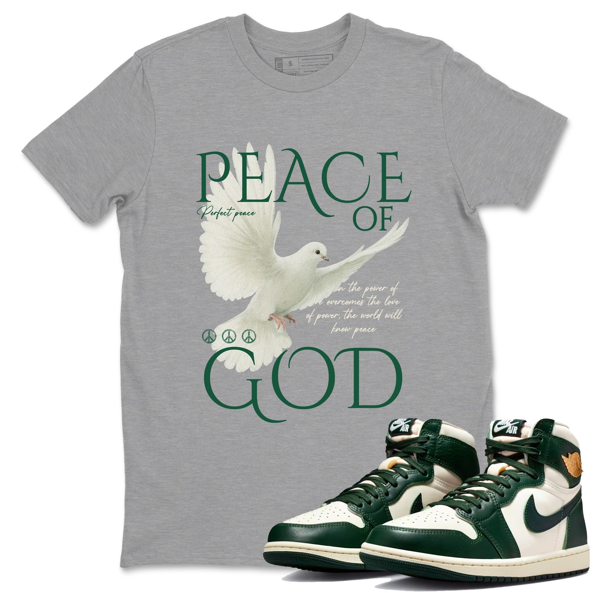 Sneaker Threads – Sneaker Tees To Match Air Jordan 1 Pro Green – Peace of God Graphic Tee Heather Grey 1. Perfect for Jordan releases 2025 colorways.