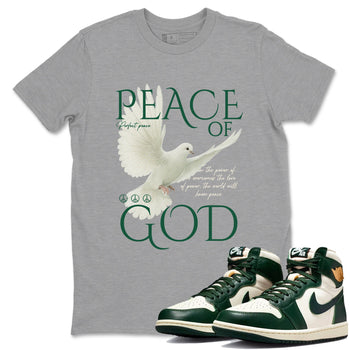 Sneaker Threads – Sneaker Tees To Match Air Jordan 1 Pro Green – Peace of God Graphic Tee Heather Grey 1. Perfect for Jordan releases 2025 colorways.
