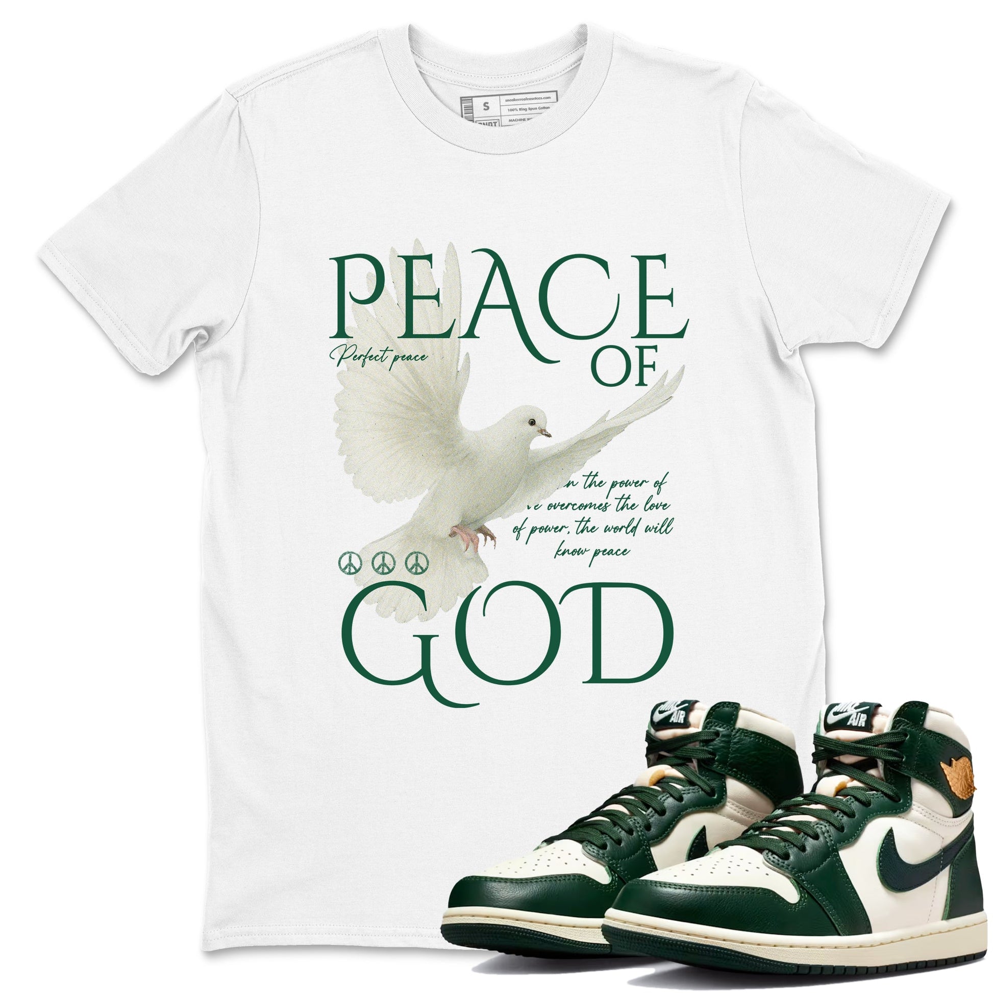Sneaker Threads – Sneaker Tees To Match Air Jordan 1 Pro Green – Peace of God Graphic Tee White 1. Perfect for Jordan releases 2025 colorways.