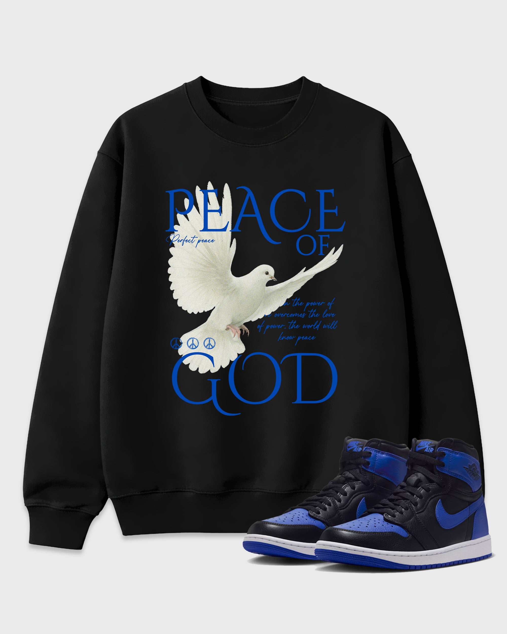 Peace of God Graphic T-Shirt featuring original streetwear artwork designed to match the Air Jordan 1 Royal. Black 1 Graphic Tee.