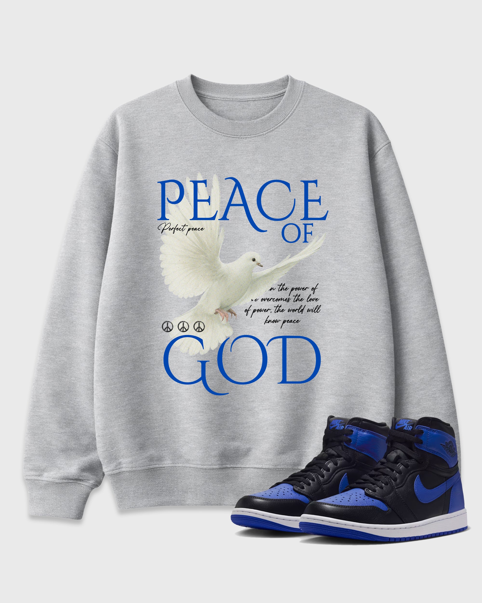 Peace of God Graphic T-Shirt featuring original streetwear artwork designed to match the Air Jordan 1 Royal. Heather Grey 1 Graphic Tee.