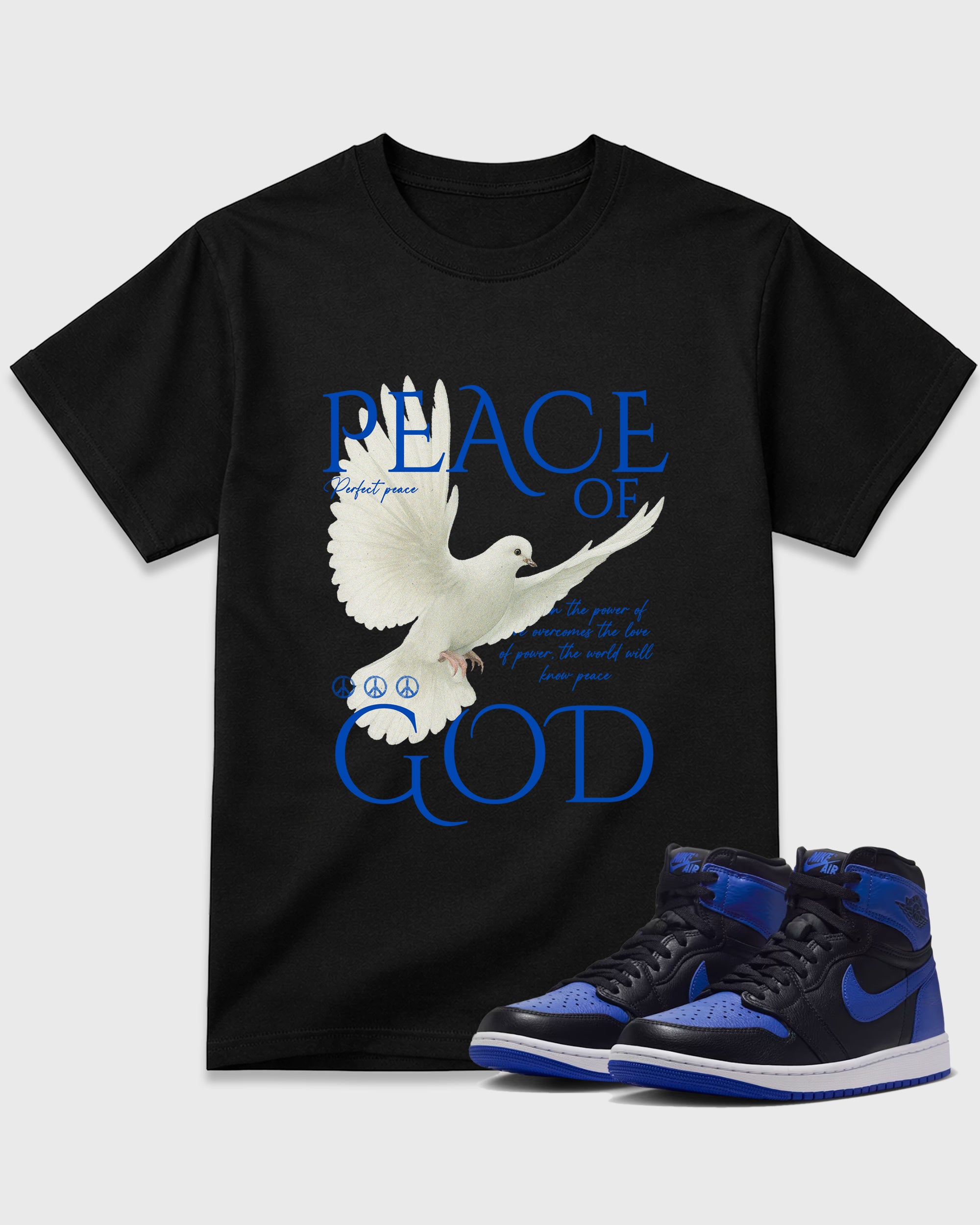Peace of God Graphic T-Shirt featuring original streetwear artwork designed to match the Air Jordan 1 Royal. Black 1 Graphic T-Shirt.