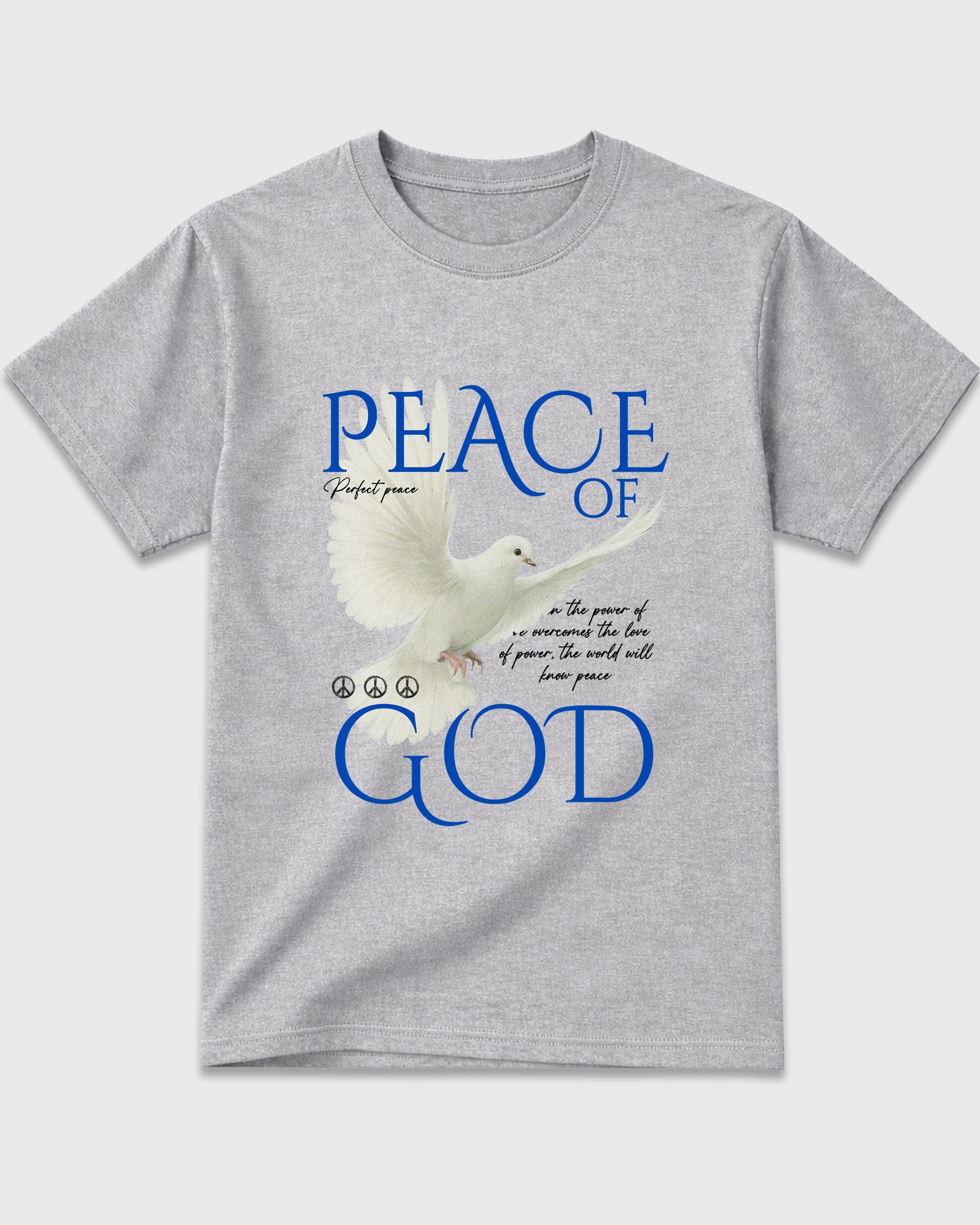 Peace of God Graphic T-Shirt featuring original streetwear artwork designed to match the Air Jordan 1 Royal. Heather Grey 2 Graphic T-Shirt.
