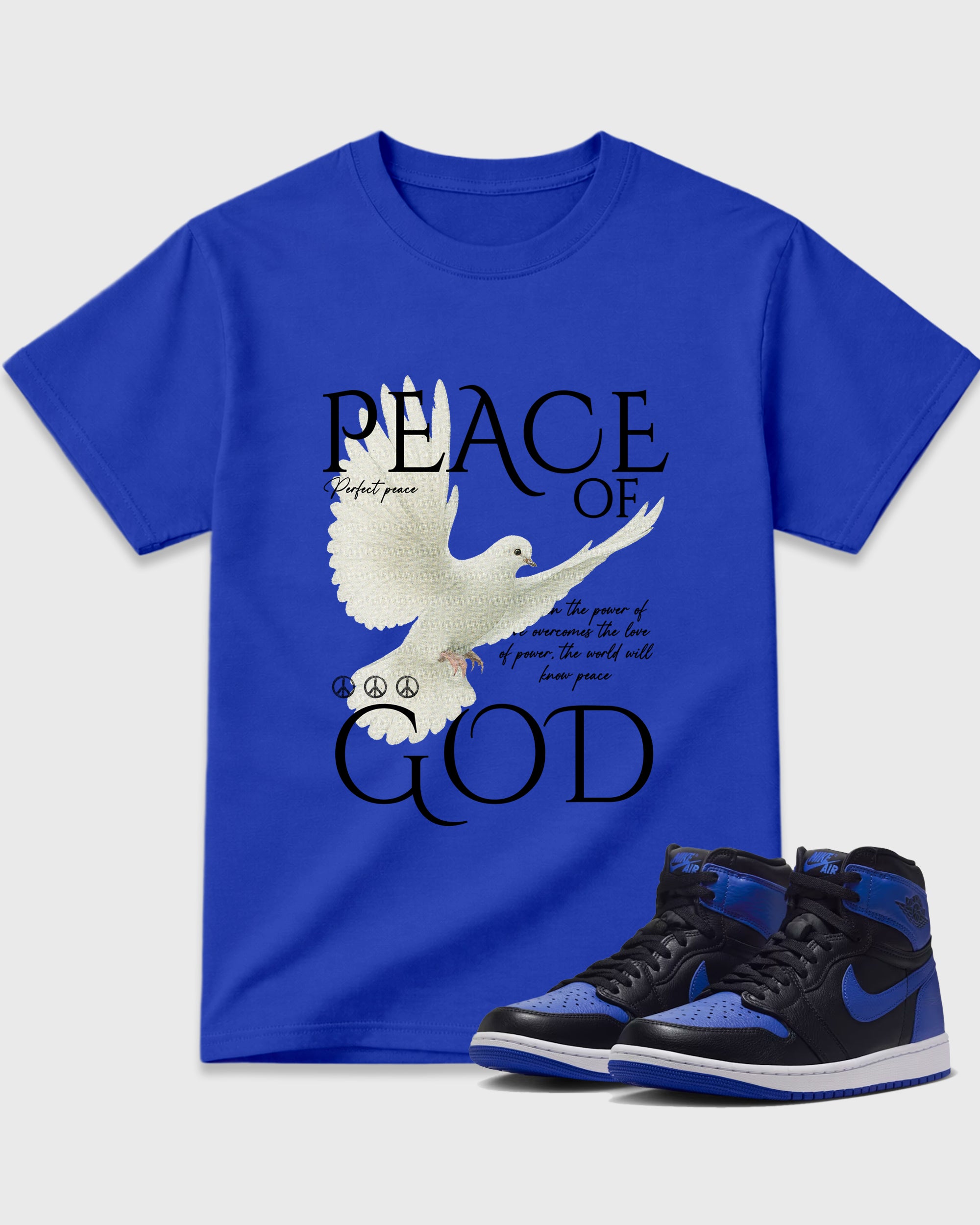 Peace of God Graphic T-Shirt featuring original streetwear artwork designed to match the Air Jordan 1 Royal. Royal Blue 1 Graphic T-Shirt.