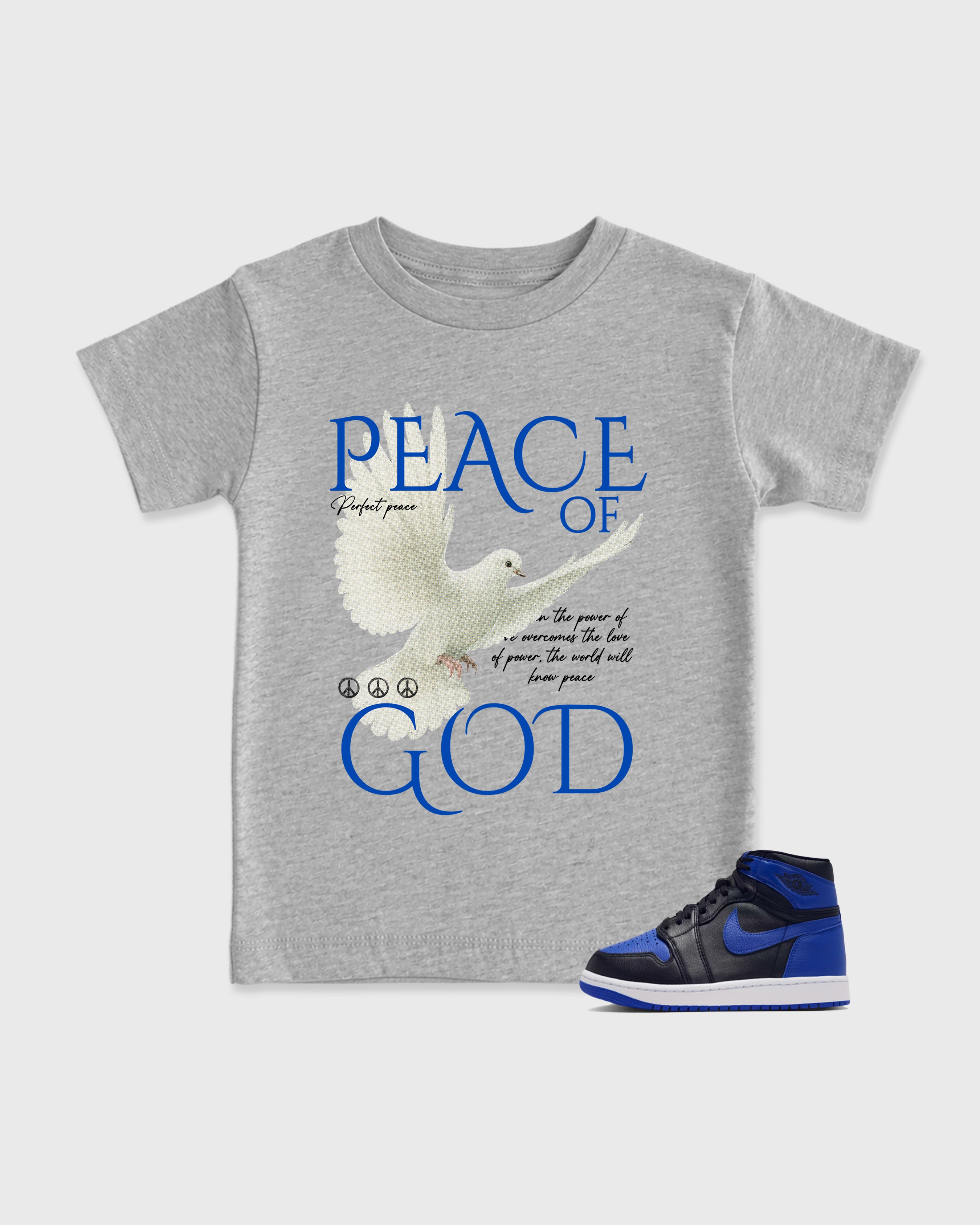 Peace of God Baby & Kids Graphic T-Shirt featuring original artwork designed to match the Air Jordan 1 Royal. Heather Grey 1 Kids Graphic Tee.