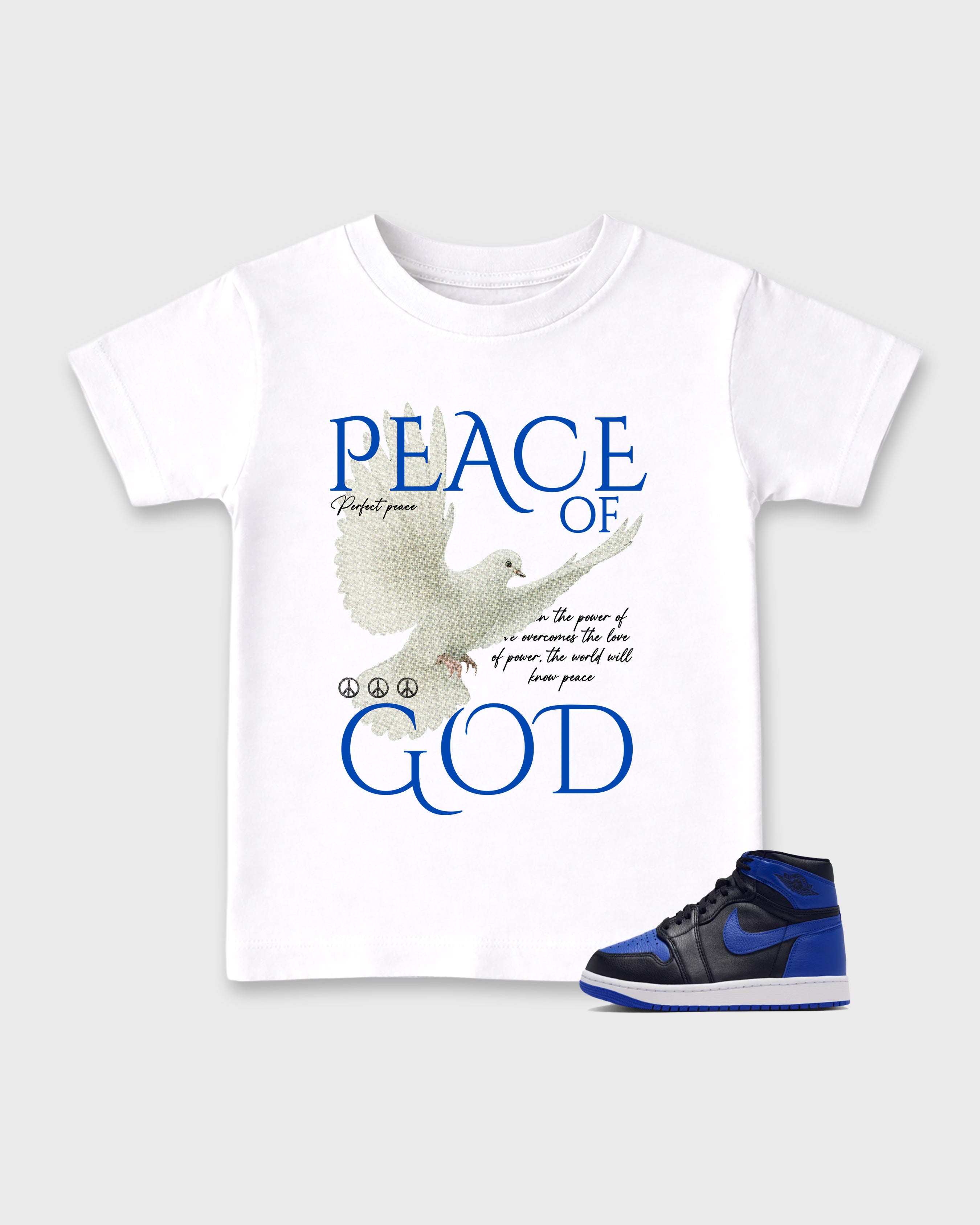 Peace of God Baby & Kids Graphic T-Shirt featuring original artwork designed to match the Air Jordan 1 Royal. White 1 Kids Graphic Tee.