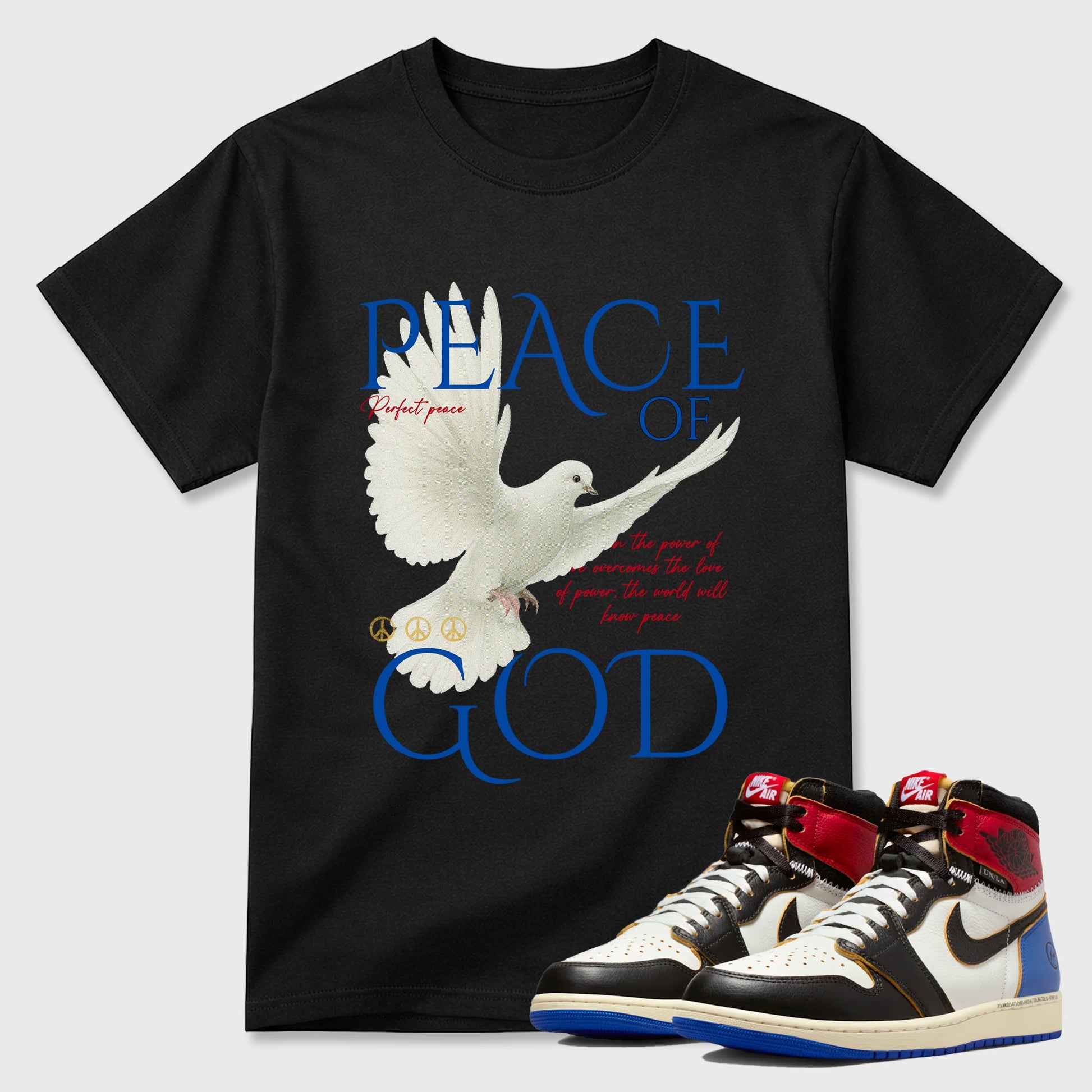 Sneaker match tees – Sneaker Tees To Match Air Jordan 1 Union x Fragment Shoes – Peace of God Tee Black 1