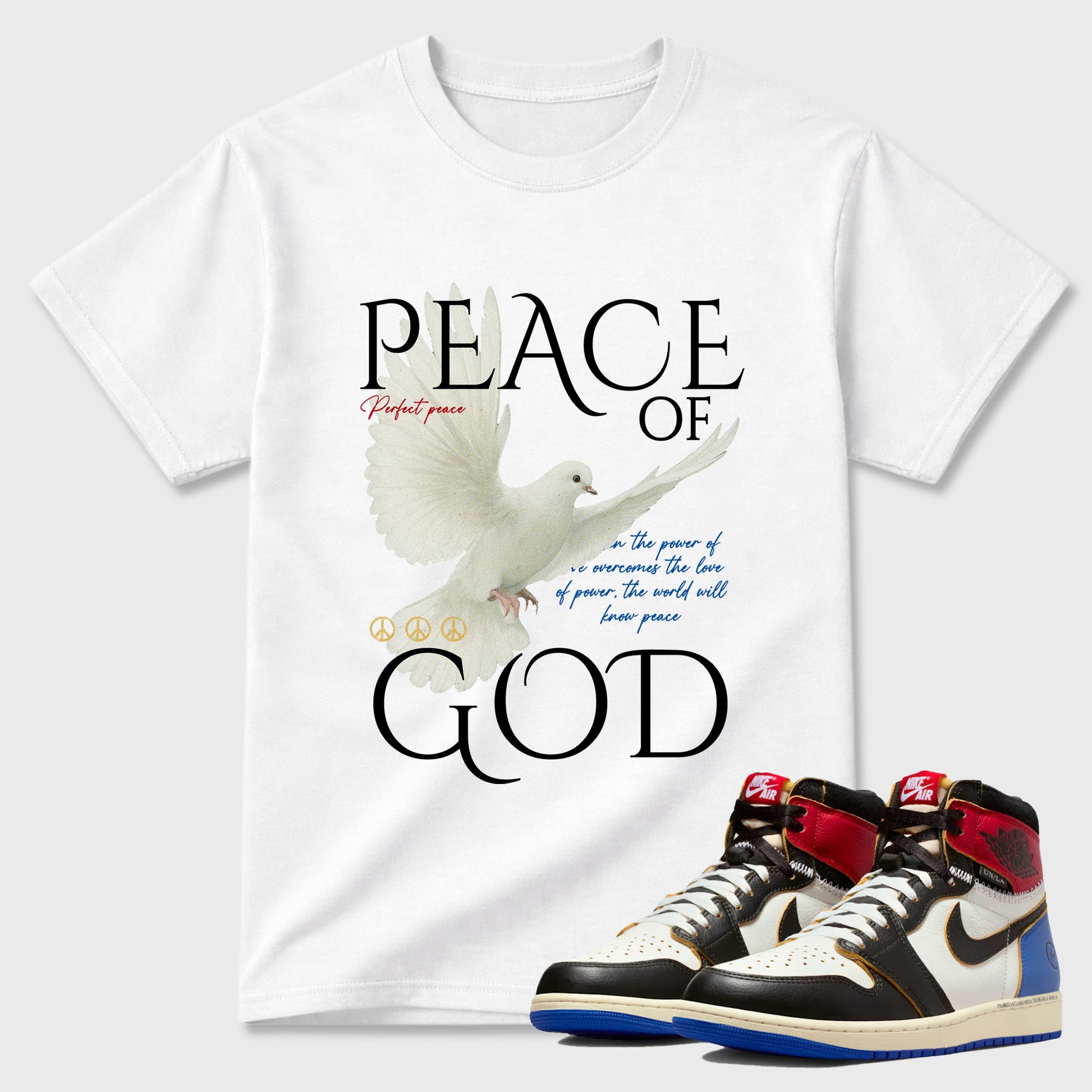 Sneaker match tees – Sneaker Tees To Match Air Jordan 1 Union x Fragment Shoes – Peace of God Tee White 1