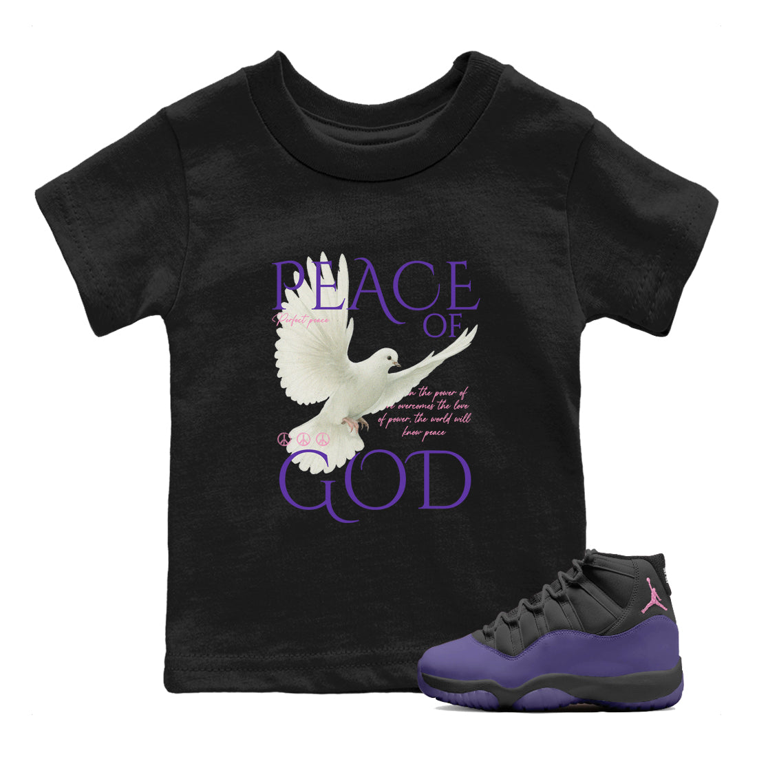 Sneaker match tees – Sneaker Tees To Match Air Jordan 11 Canyon Purple Shoes – Peace of God Kids T-Shirt Black 1