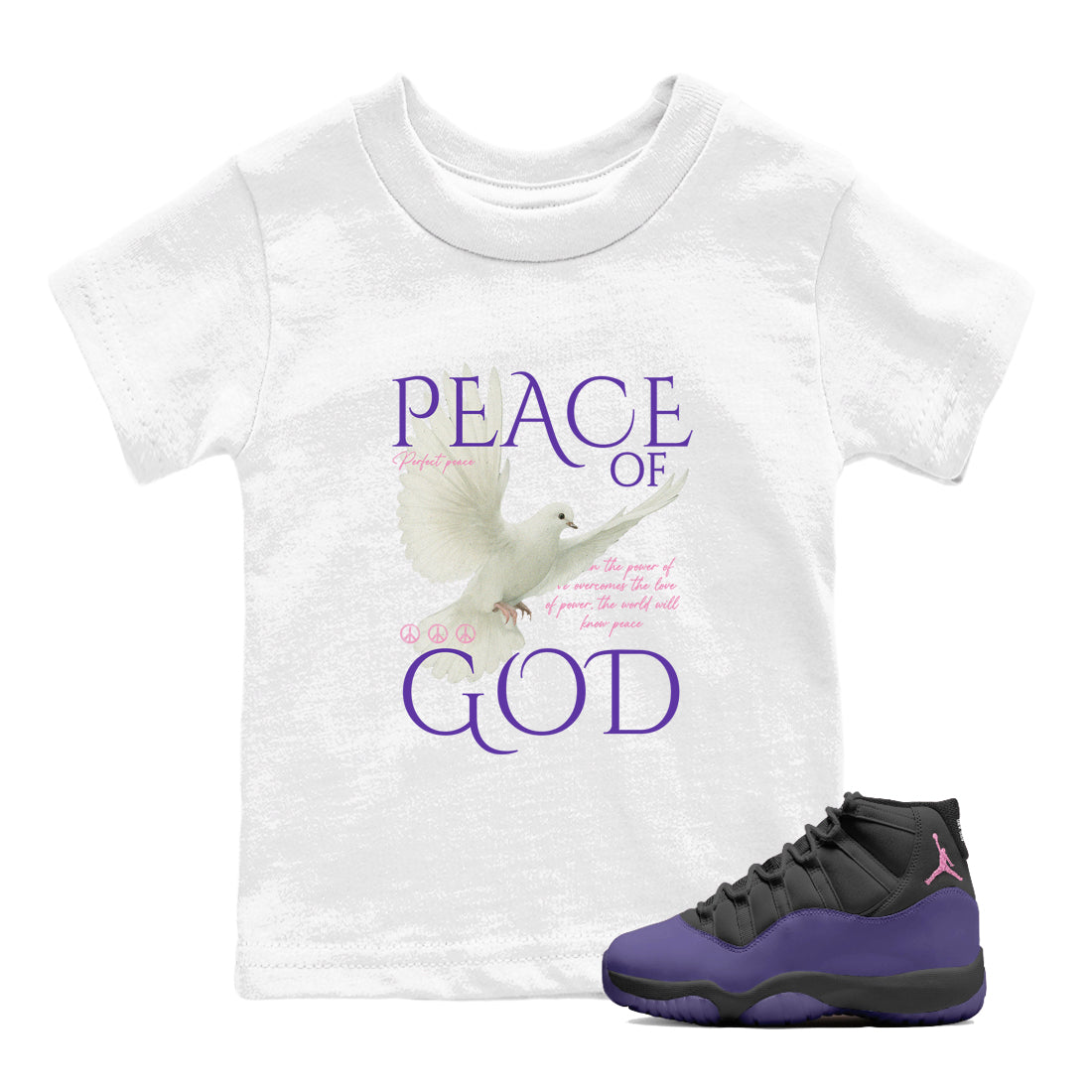 Sneaker match tees – Sneaker Tees To Match Air Jordan 11 Canyon Purple Shoes – Peace of God Kids T-Shirt White 1