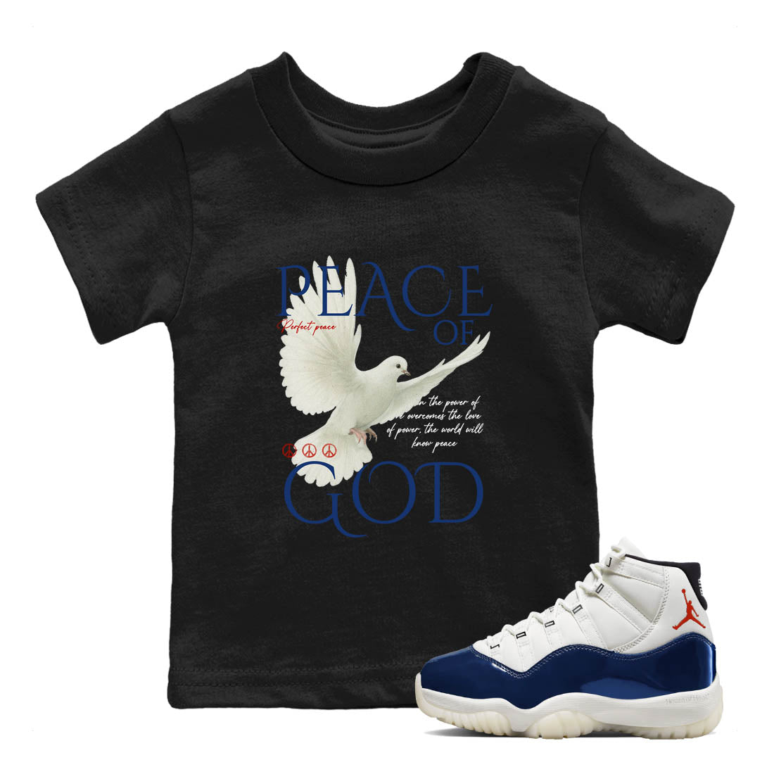 Sneaker Threads – Sneaker Tees To Match Air Jordan 11 Rare Air – Peace of God Youth Graphic Tee Black 1. Perfect for Jordan releases 2025 colorways.