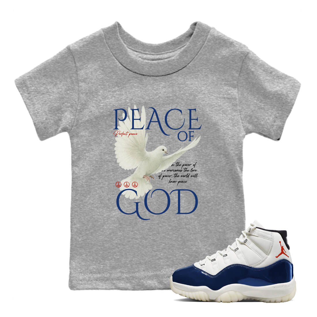 Sneaker Threads – Sneaker Tees To Match Air Jordan 11 Rare Air – Peace of God Youth Graphic Tee Heather Grey 1. Perfect for Jordan releases 2025 colorways.