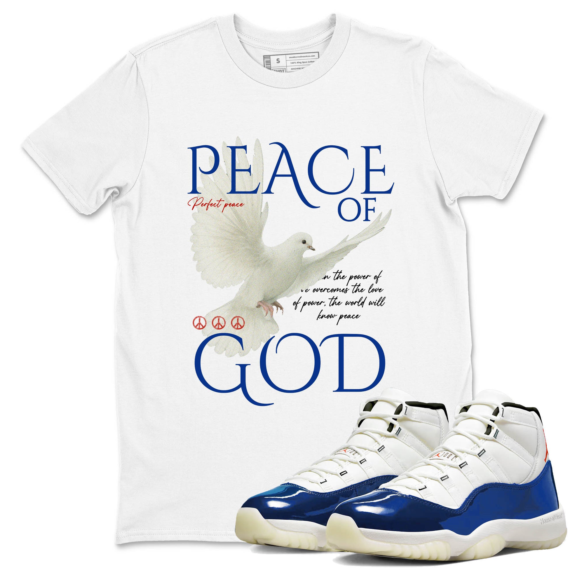 White t-shirt with 'Peace of God' design and matching sneakers on a white background