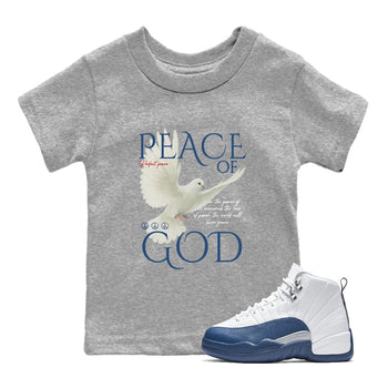 Peace of God baby and kids t-shirt crafted for little sneakerheads to shine with the Air Jordan 12 French Blue sneakers, displayed in Heather Grey 1.