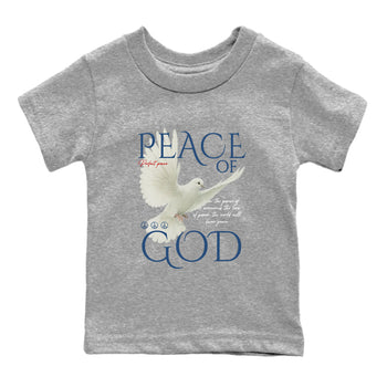Peace of God baby and kids t-shirt crafted for little sneakerheads to shine with the Air Jordan 12 French Blue sneakers, displayed in Heather Grey 2.