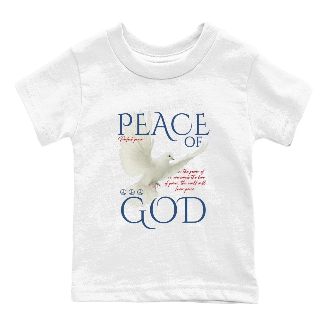 Peace of God baby and kids t-shirt crafted for little sneakerheads to shine with the Air Jordan 12 French Blue sneakers, displayed in White 2.