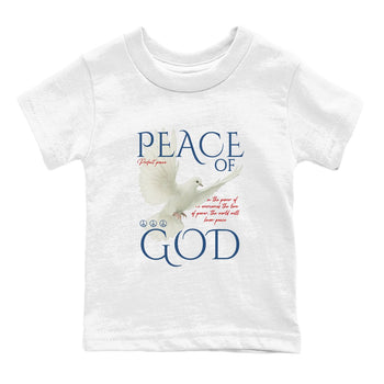 Peace of God baby and kids t-shirt crafted for little sneakerheads to shine with the Air Jordan 12 French Blue sneakers, displayed in White 2.