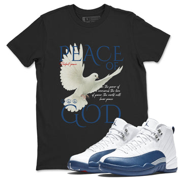 Peace of God sneaker match t-shirt styled to complete your fit with the Air Jordan 12 French Blue sneakers, shown in Black 1.