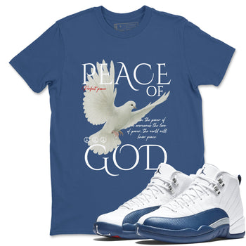 Peace of God sneaker match t-shirt styled to complete your fit with the Air Jordan 12 French Blue sneakers, shown in Denim Blue 1.