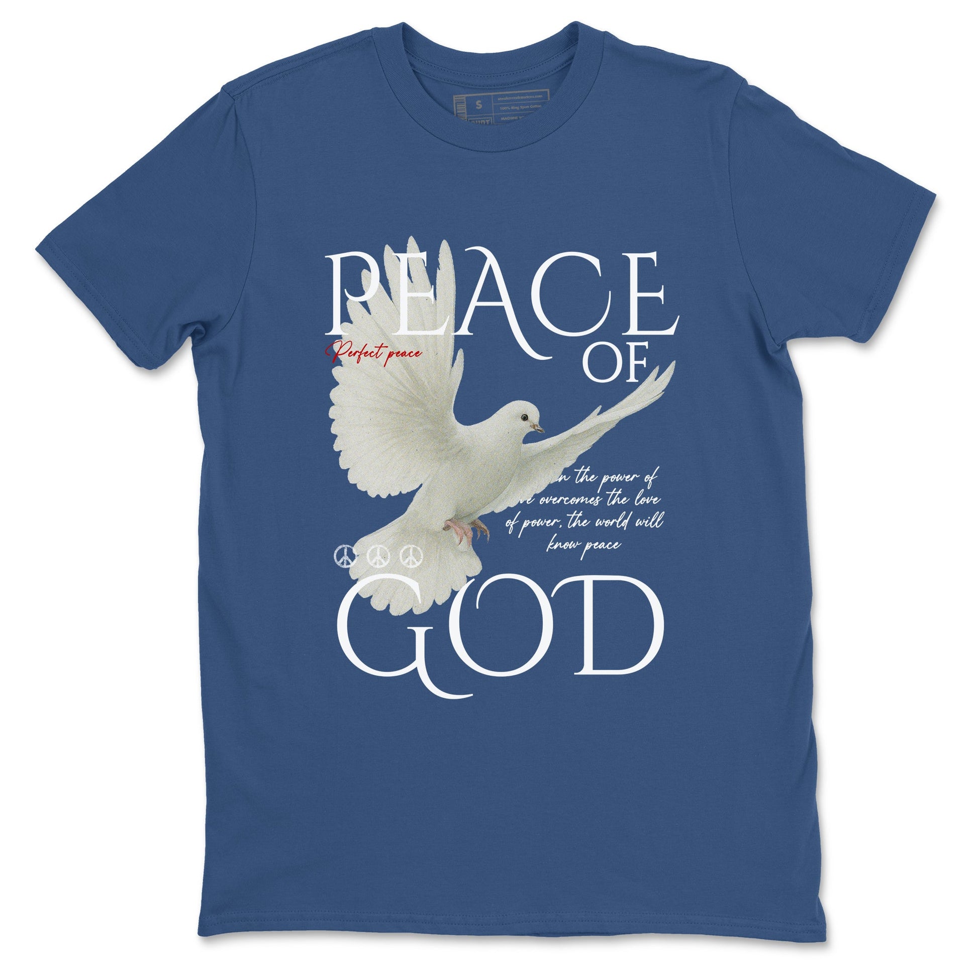 Peace of God sneaker match t-shirt styled to complete your fit with the Air Jordan 12 French Blue sneakers, shown in Denim Blue 2.