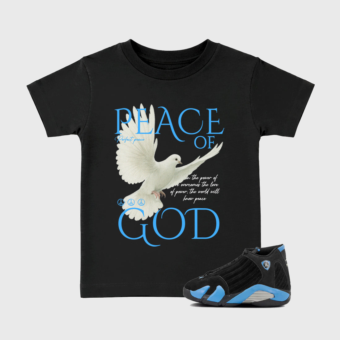 Sneaker match tees – Sneaker Tees To Match Air Jordan 14 University Blue Shoes – Peace of God Kids T-Shirt Black 1
