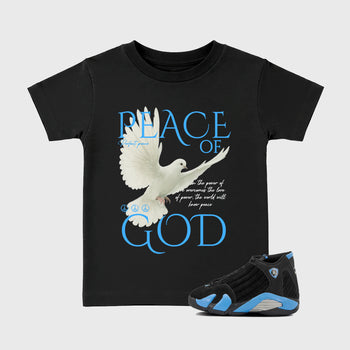 Sneaker match tees – Sneaker Tees To Match Air Jordan 14 University Blue Shoes – Peace of God Kids T-Shirt Black 1