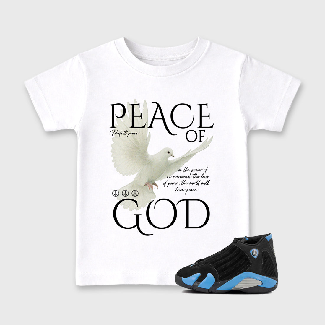 Sneaker match tees – Sneaker Tees To Match Air Jordan 14 University Blue Shoes – Peace of God Kids T-Shirt White 1