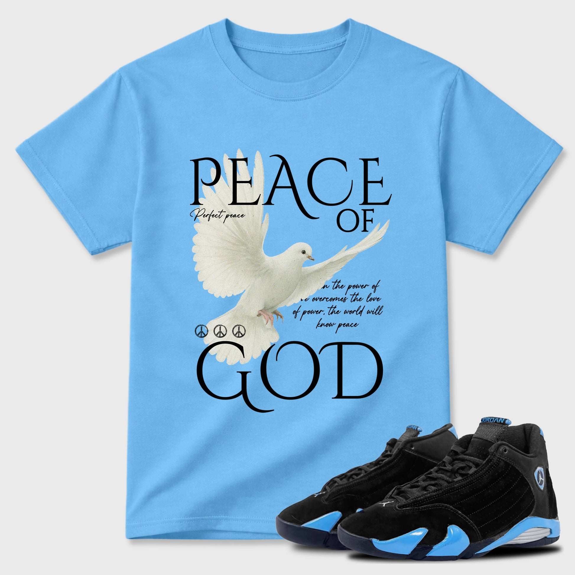 Sneaker match tees – Sneaker Tees To Match Air Jordan 14 University Blue Shoes – Peace of God Tee Carolina Blue 1