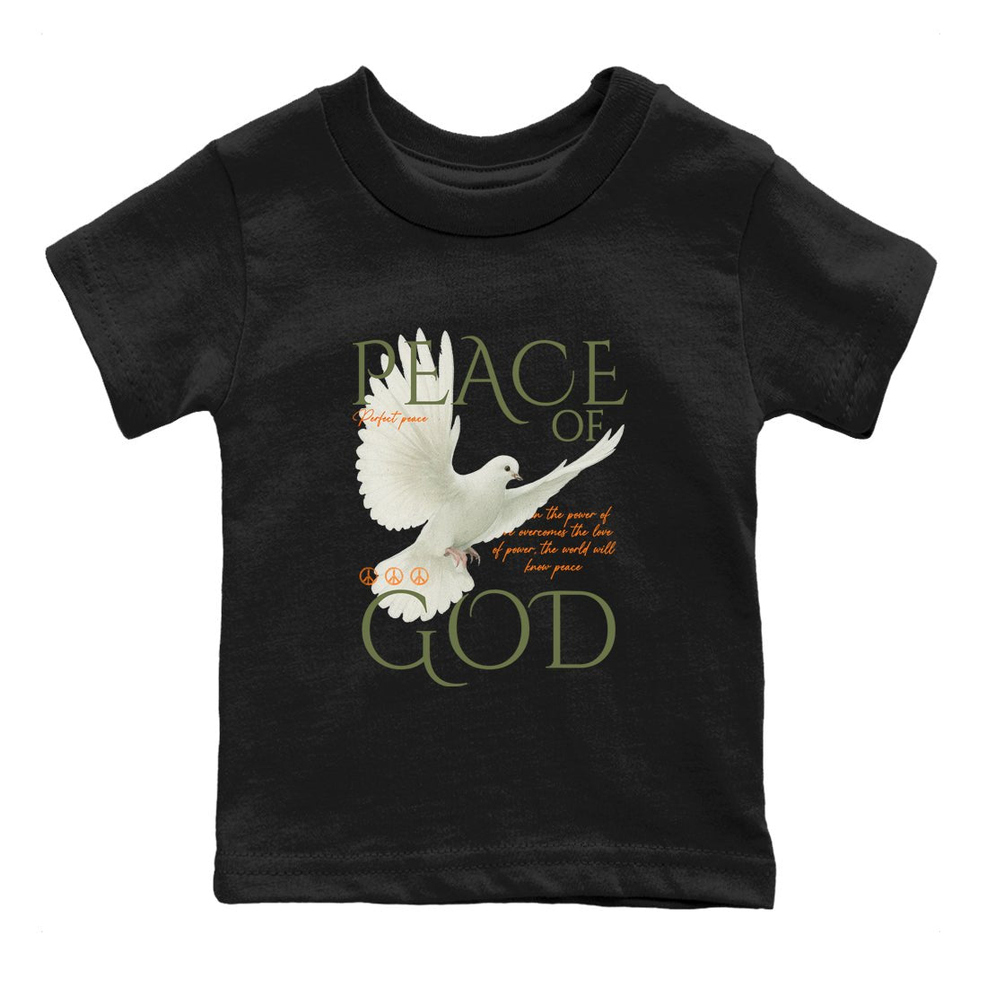 Sneaker match tees – Sneaker Tees To Match Undefeated inspired colorways Air Jordan 4 OG Olive Shoes  – Peace of God Kids T-Shirt Black 2