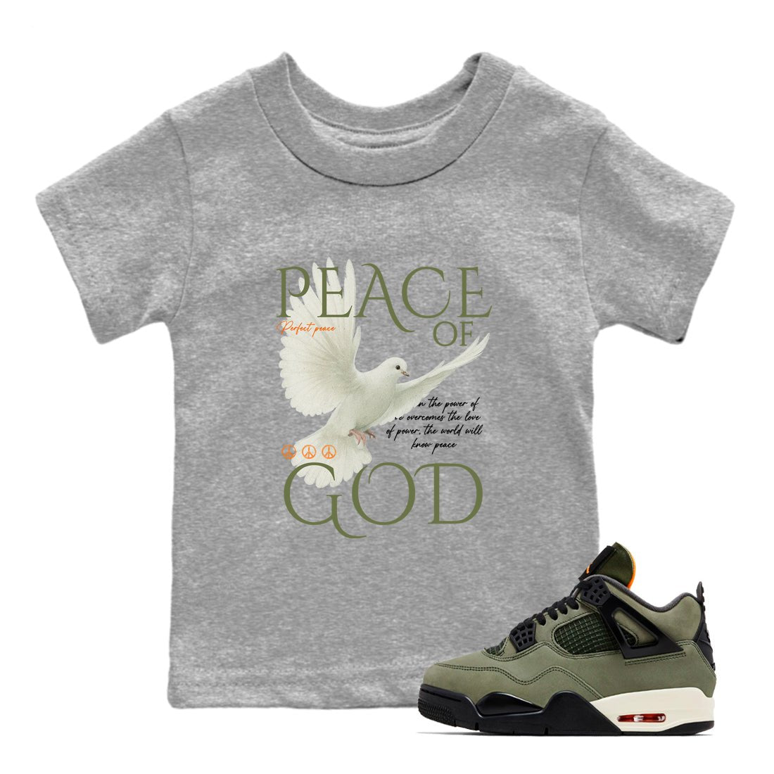 Sneaker match tees – Sneaker Tees To Match Undefeated inspired colorways Air Jordan 4 OG Olive Shoes  – Peace of God Kids T-Shirt Heather Grey 1