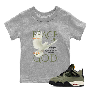 Sneaker match tees – Sneaker Tees To Match Undefeated inspired colorways Air Jordan 4 OG Olive Shoes  – Peace of God Kids T-Shirt Heather Grey 1