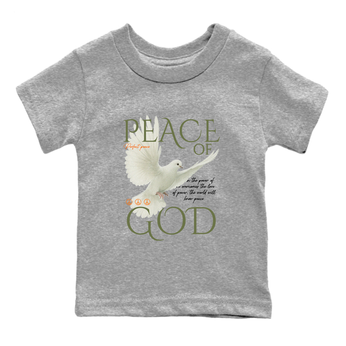 Sneaker match tees – Sneaker Tees To Match Undefeated inspired colorways Air Jordan 4 OG Olive Shoes  – Peace of God Kids T-Shirt Heather Grey 2