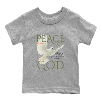 Sneaker match tees – Sneaker Tees To Match Undefeated inspired colorways Air Jordan 4 OG Olive Shoes  – Peace of God Kids T-Shirt Heather Grey 2