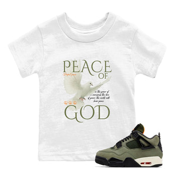 Sneaker match tees – Sneaker Tees To Match Undefeated inspired colorways Air Jordan 4 OG Olive Shoes  – Peace of God Kids T-Shirt White 1