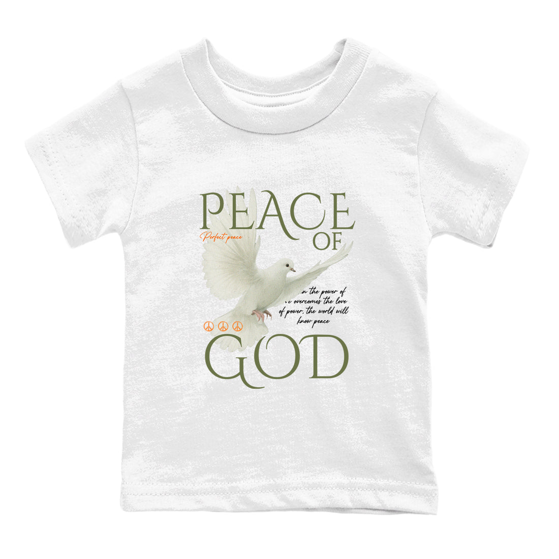 Sneaker match tees – Sneaker Tees To Match Undefeated inspired colorways Air Jordan 4 OG Olive Shoes  – Peace of God Kids T-Shirt White 2