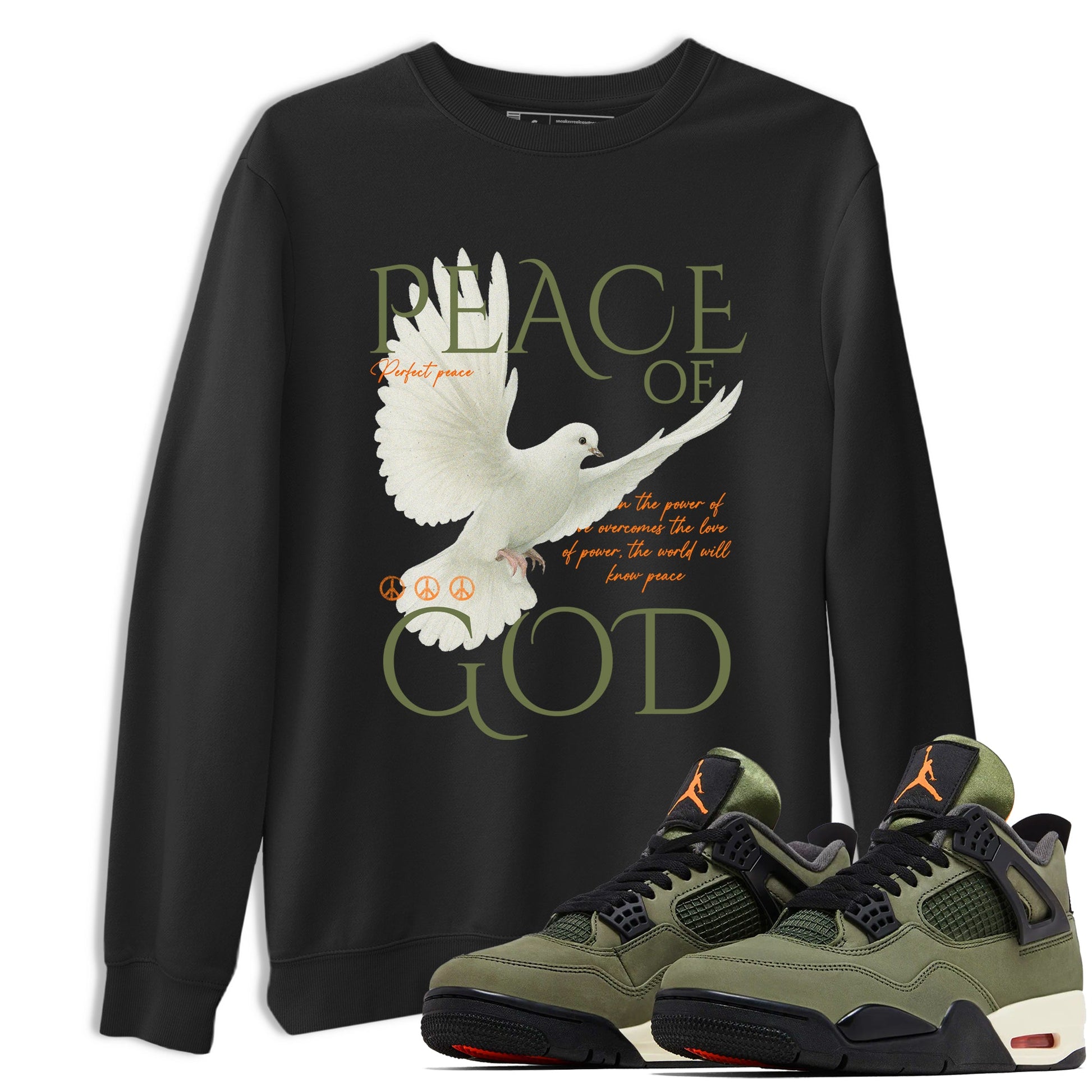 Sneaker match tees – Sneaker Tees To Match Undefeated inspired colorways Air Jordan 4 OG Olive Shoes  – Peace of God Tee Black 1