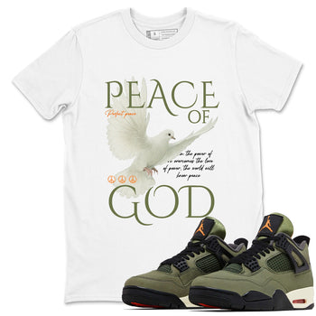 Sneaker match tees – Sneaker Tees To Match Undefeated inspired colorways Air Jordan 4 OG Olive Shoes  – Peace of God Tee White 1