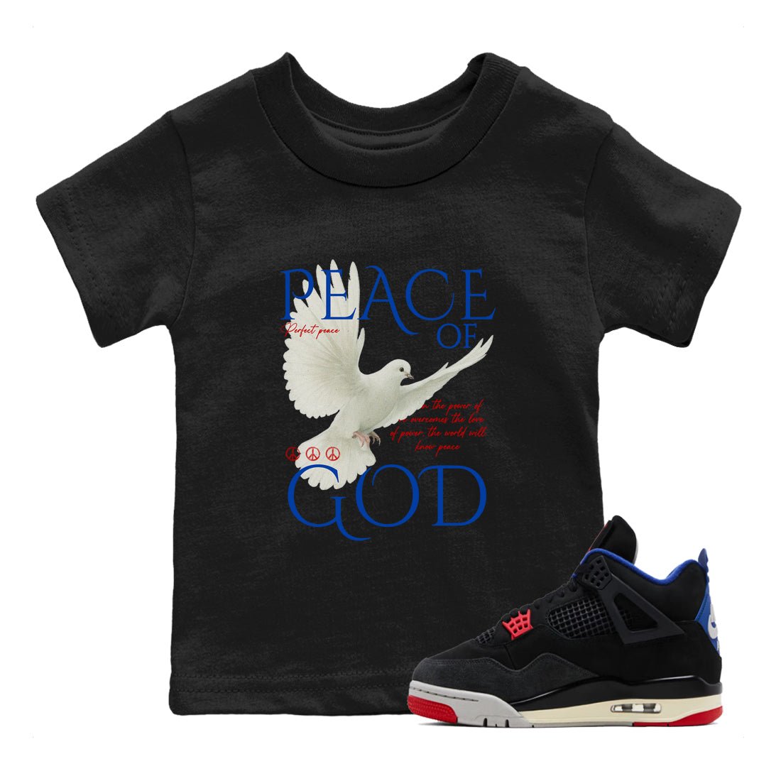 Peace of God baby and kids t-shirt crafted for little sneakerheads to shine with the Air Jordan 4 Rare Air sneakers, displayed in Black 1.